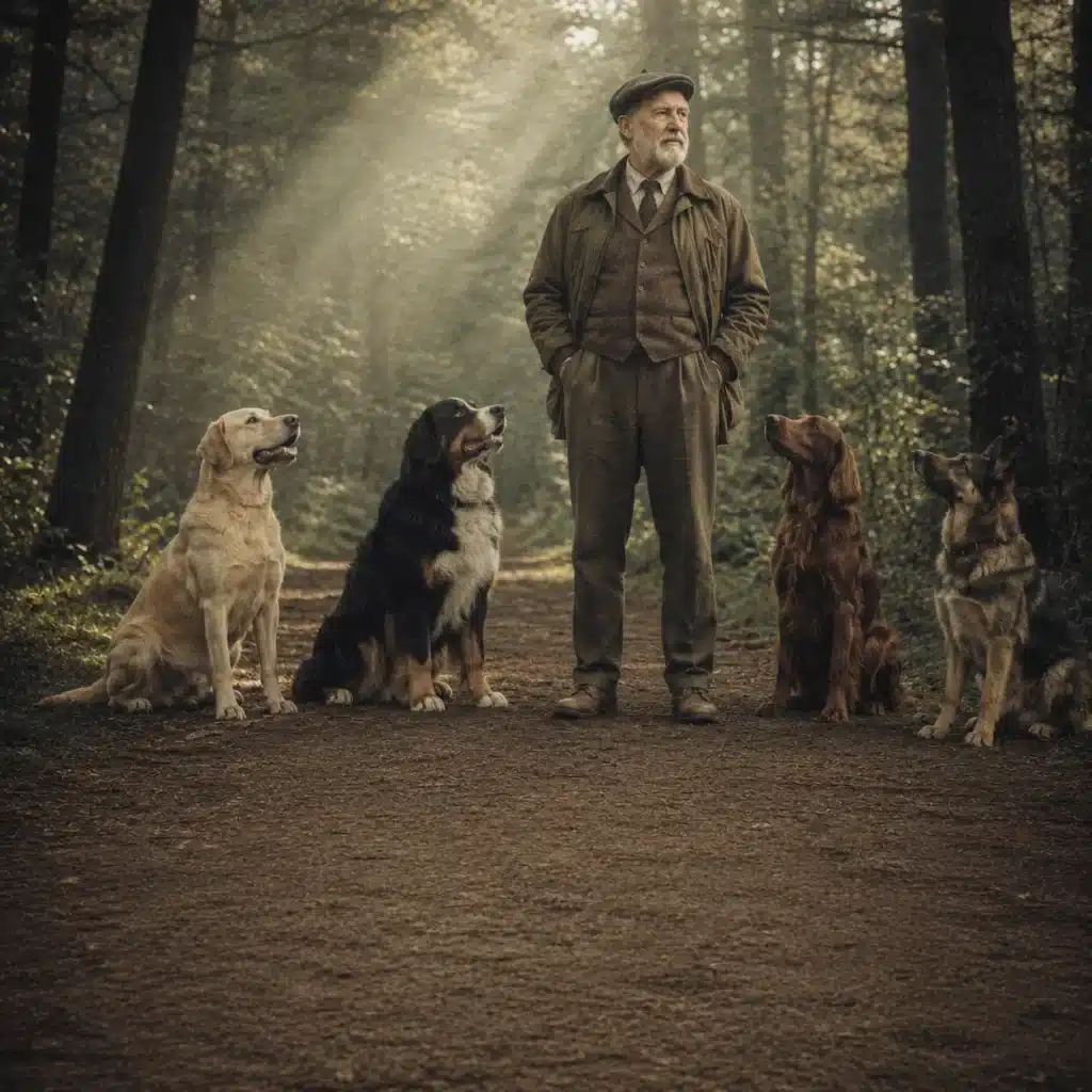 Keyvisual Geheimnis des Hundeflüsterers | Abenteuerspaziergang für Hund und Mensch | Hundeflüsterer mit seinen Hunden im Wald